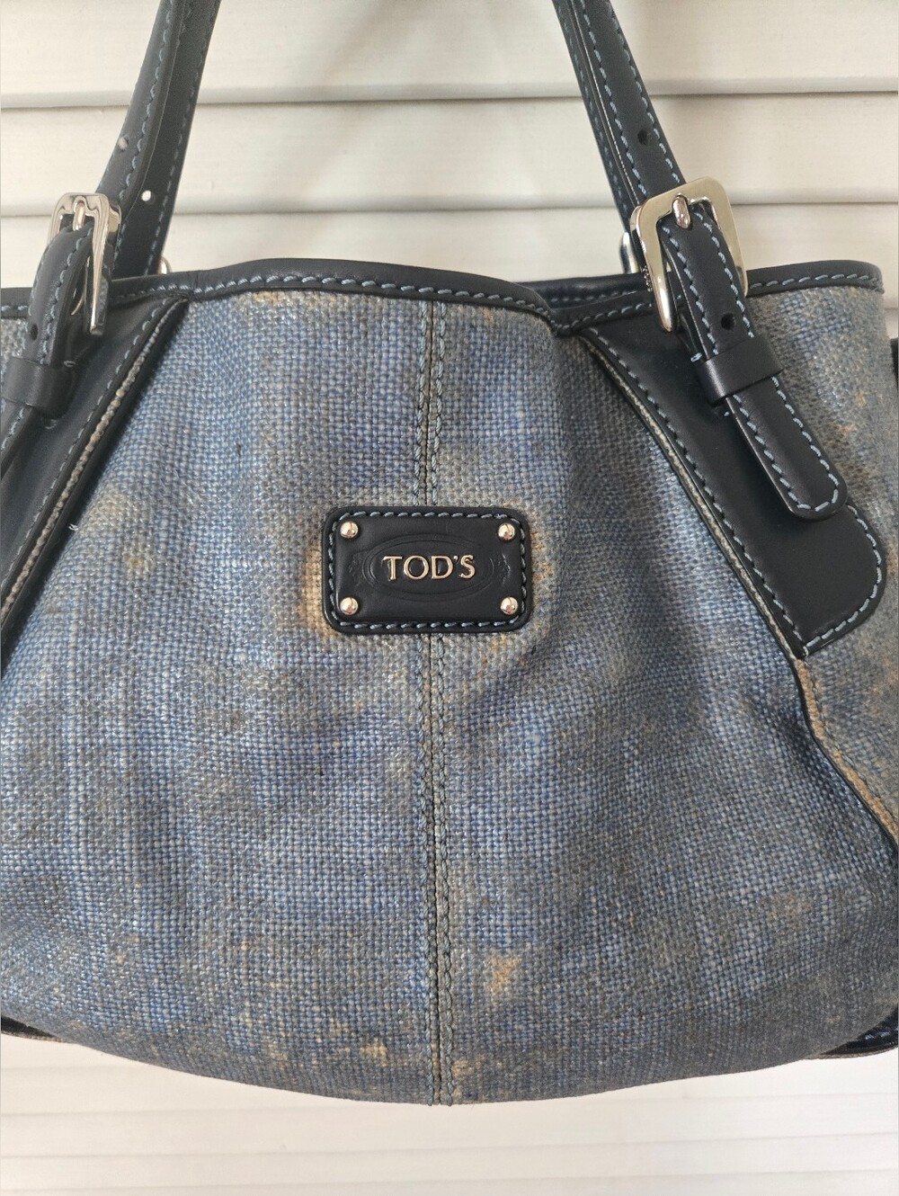 TOD'S Blue Coated Canvas Leather Trim Satchel Tote Handbag - Picture 2 of 9